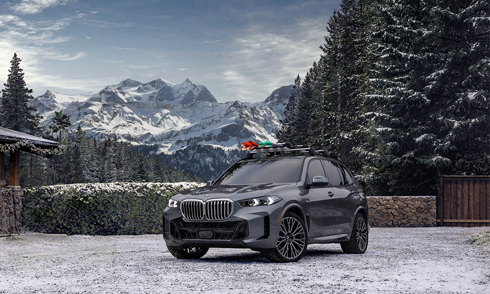 The 2024 BMW X5 xDrive40i with red and green skis perched atop, parked in front of a wintry landscape