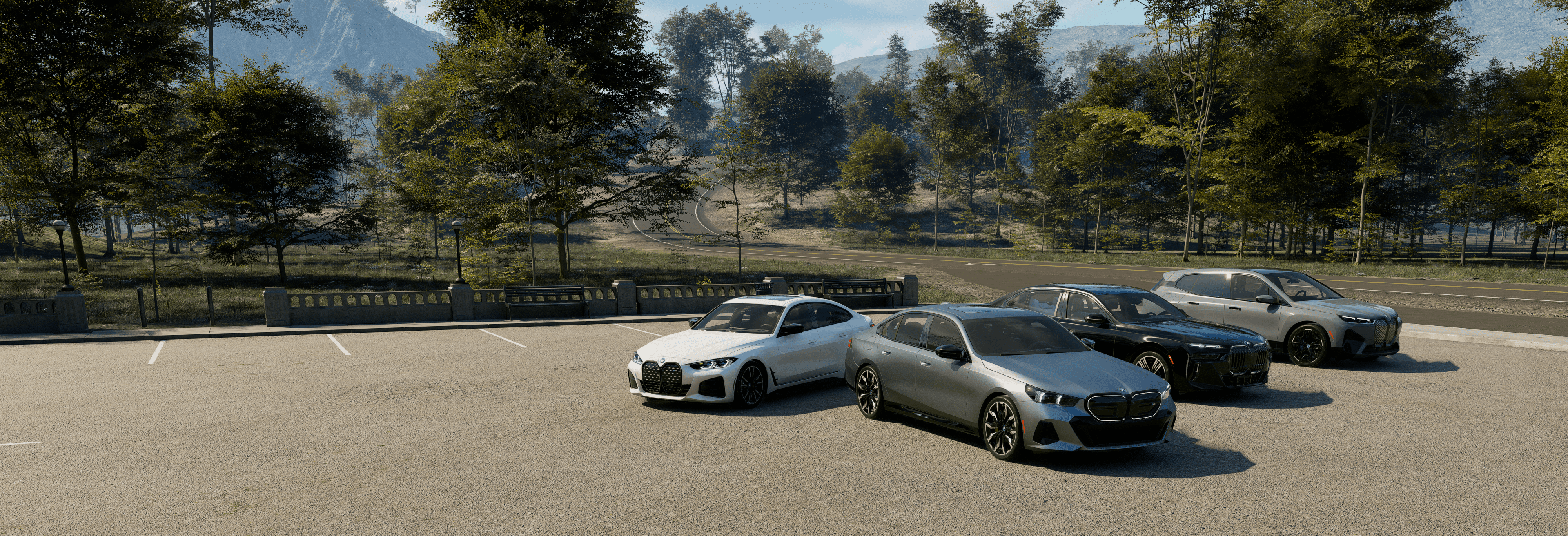 BMW i4, i5, i7 and iX parked in parking lot on side of tree lined road.