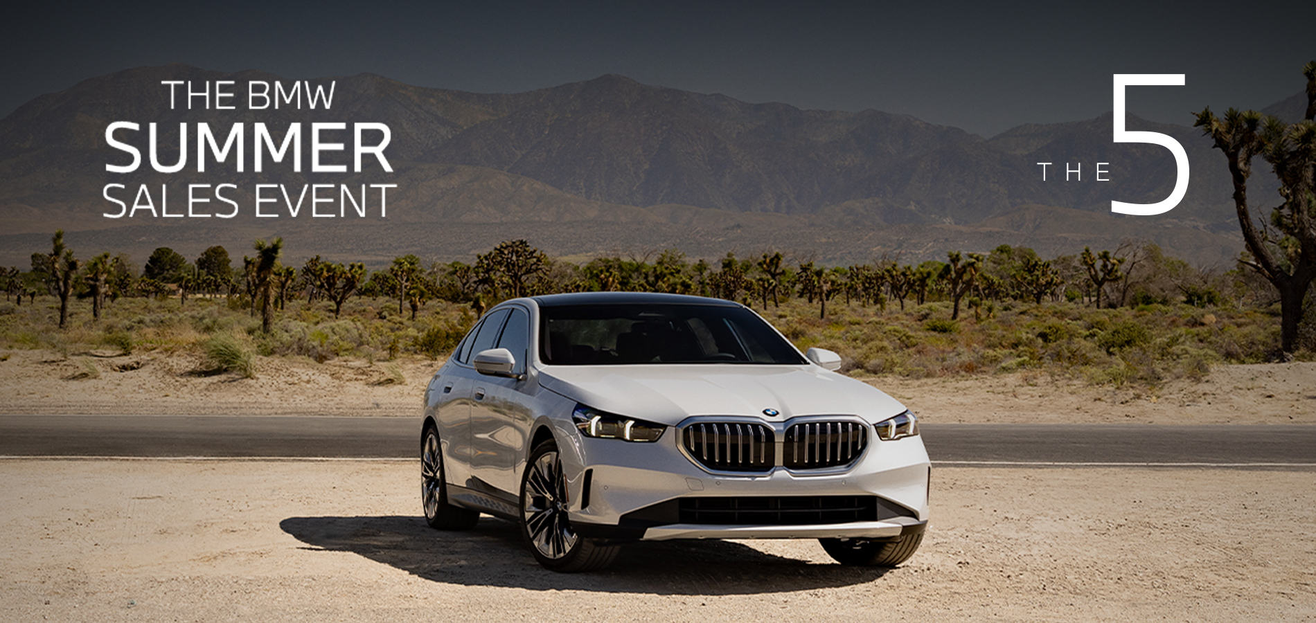 Parked BMW 5 Series in desert landscape