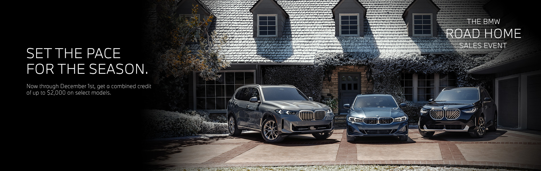 BMW X5, 3 Series, and X3 parked in a driveway of a holiday decorated home.