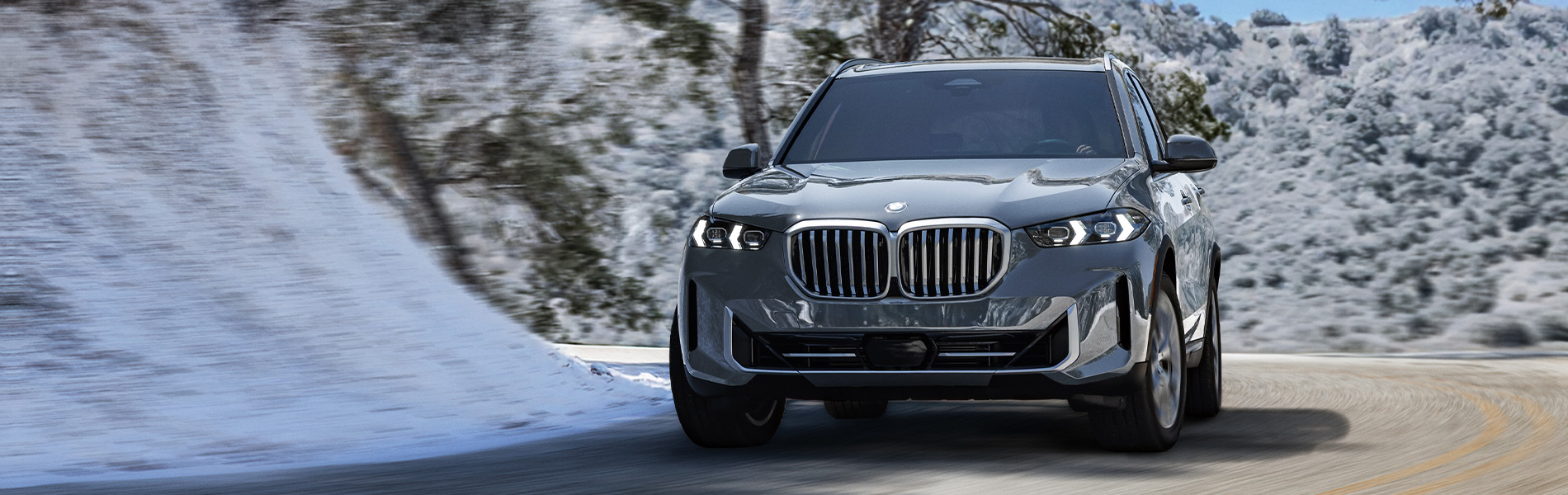 BMW X5 driving on a neighborhood road.