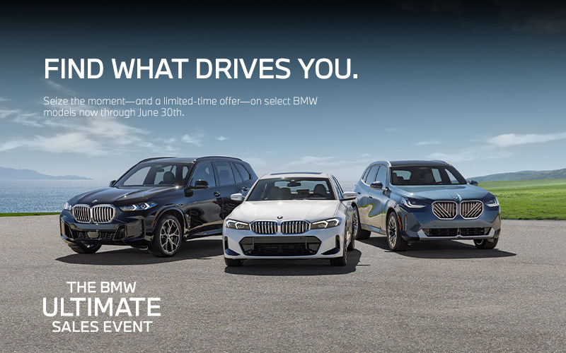 BMW X5, 330i, and X3 parked near seaside.
