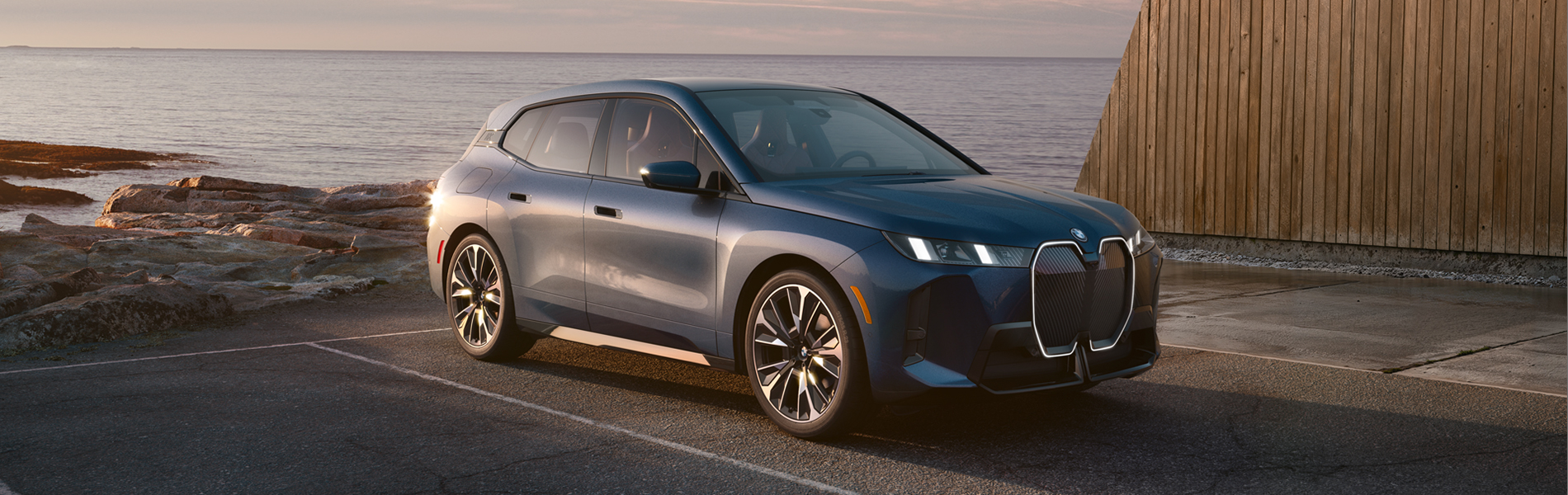 The BMW iX parked with an ocean background.