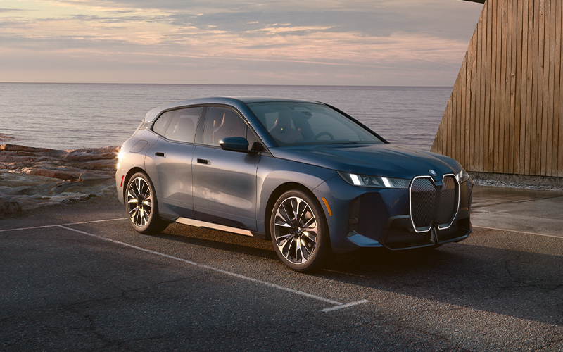 The BMW iX parked with an ocean background.