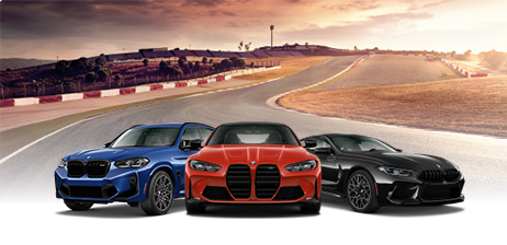 Three BMW High-Performance M
             vehicles parked near each other in front ofa racetrack.