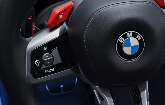 Close-up view of BMW M5 Touring steering wheel.