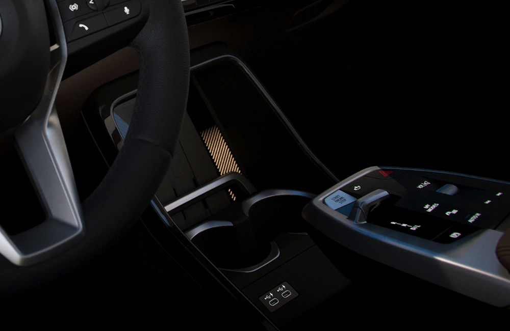 The BMW X2 Interior wireless charging tray.