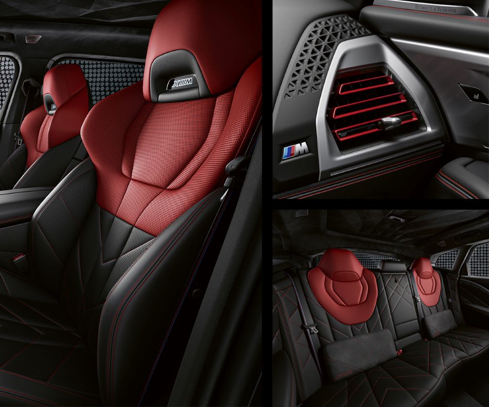 Detail of front seats, clad in exclusive BMW Individual Fiona Red & Black Merino Leather with exclusive M Signature Trim and red stitching and accents. Detail of red accented vent. Detail of rear M Lounge with exclusive XM pillows.