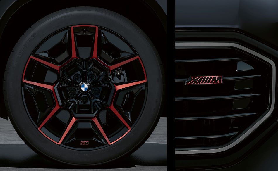 Detailed images of exclusive 22” M Wheels with red accents and XM badging on Illuminated Kidney Grille
