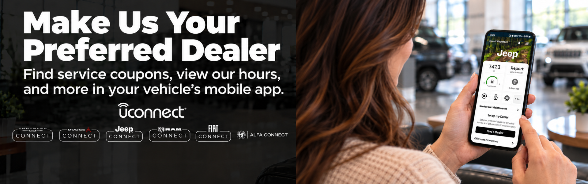 Make us your preferred dealer. Find service coupons, view our hours, and more in your vehicle’s mobile app.