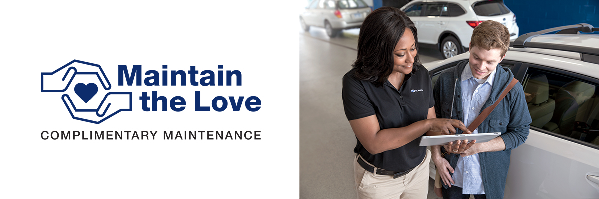 Maintain the Love Logo and image of service representative talking to customer in a Subaru.