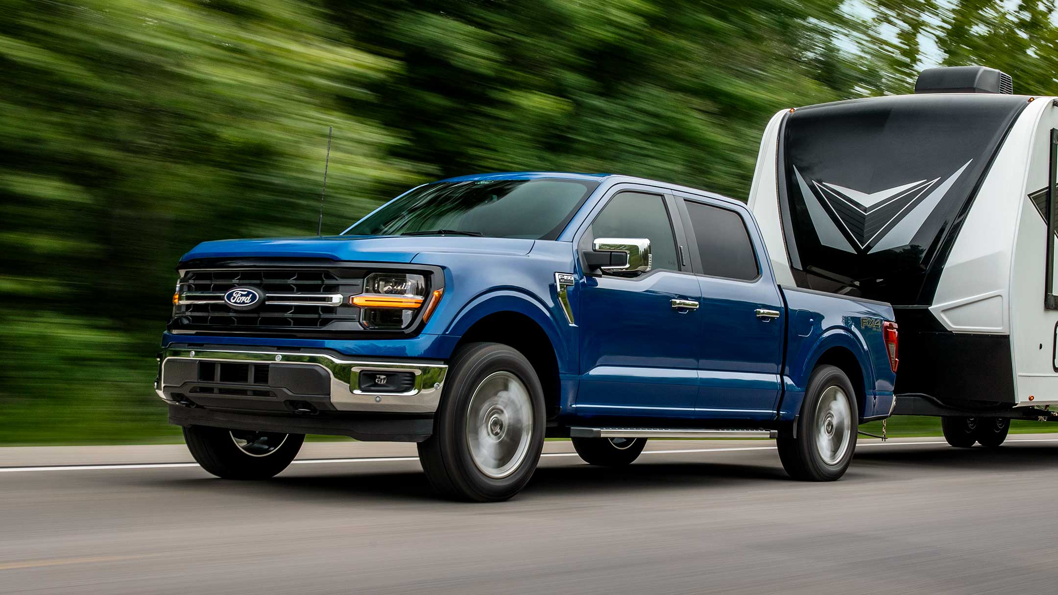 2025 Ford F-150® pickup towing camper.