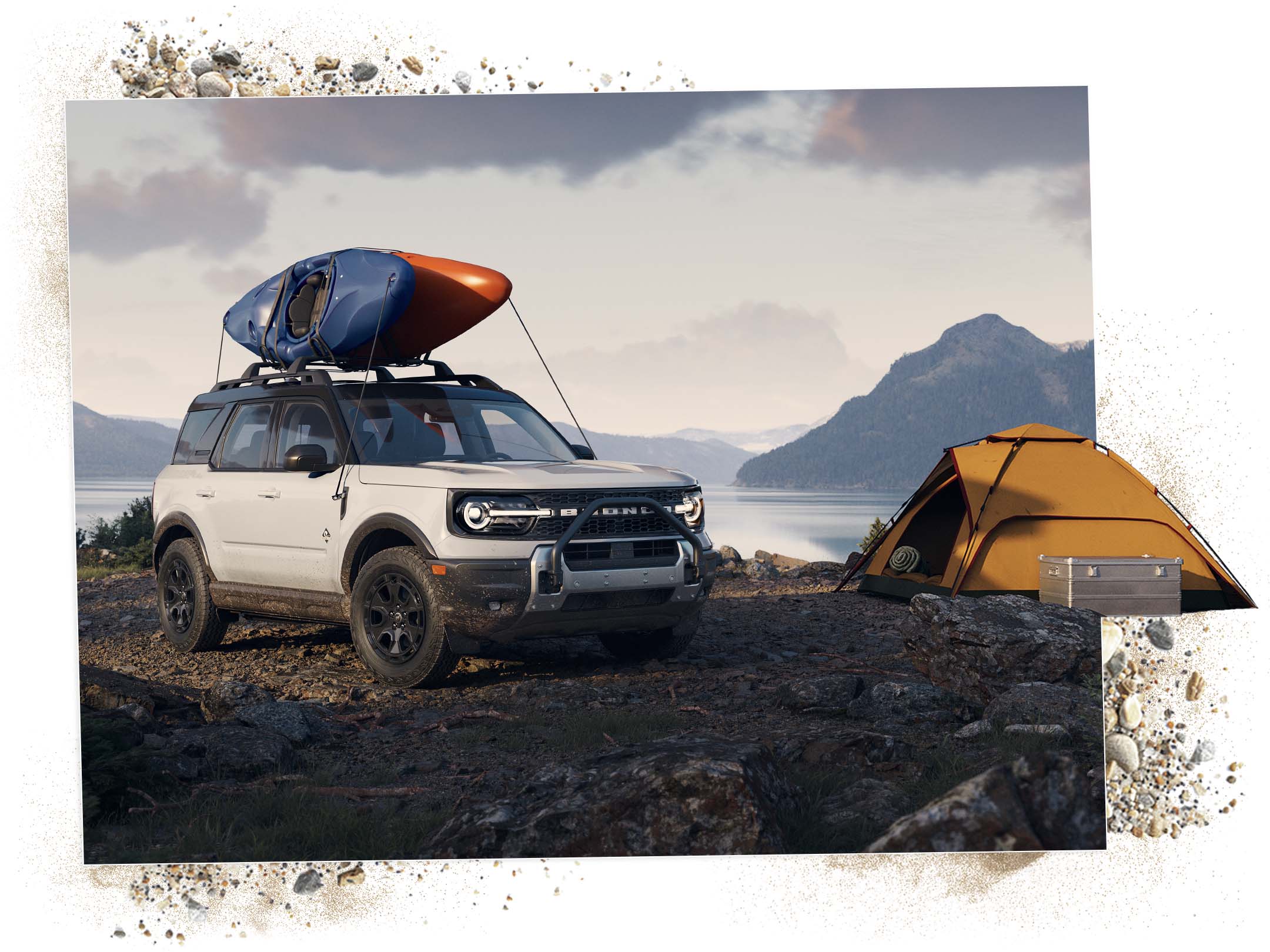 2025 Ford Bronco® Sport parked on rocky ground with a tent next to it