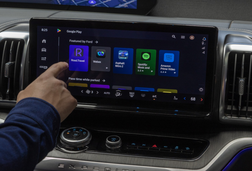 A Ford vehicle technology screen showing the Spotify, Prime Video, and YouTube app icons, plus a few others. Screen may vary.
