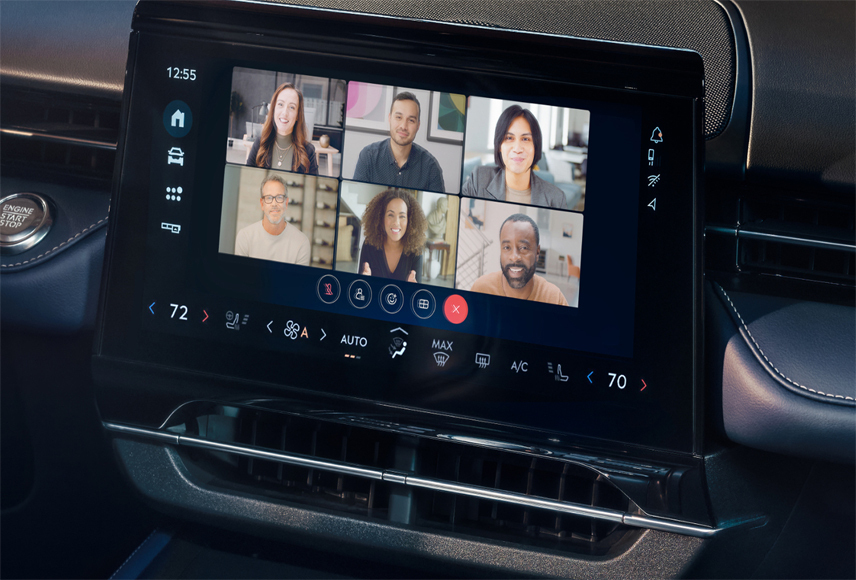 A Ford vehicle technology screen displaying a Webex video conferencing call with others. Screen may vary.