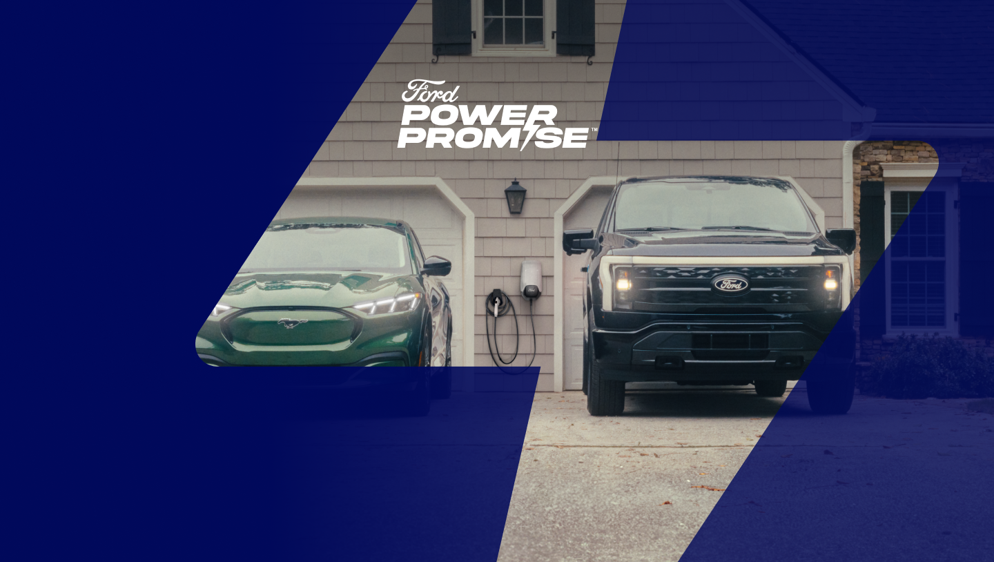 A Mustang Mach-E&reg; and F-150 Lightning&reg; sitting in a driveway with Ford Connected Charge Station hanging on the wall of the garage.