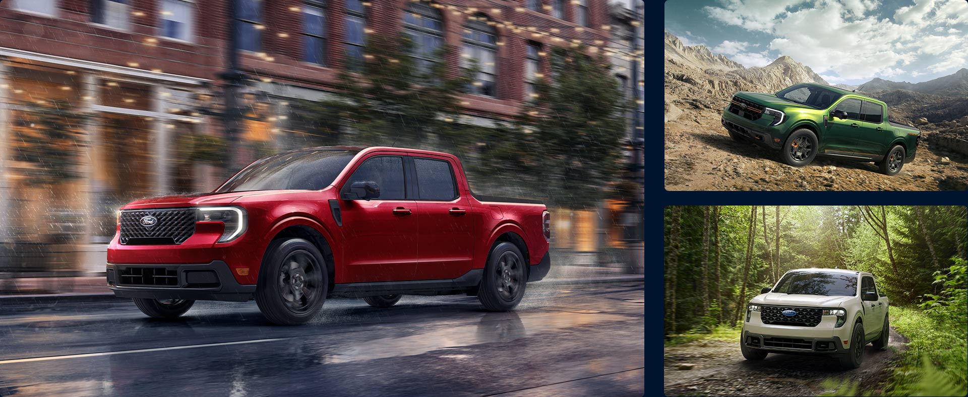 A collage of Ford Maverick® pickup trucks in demanding environments.