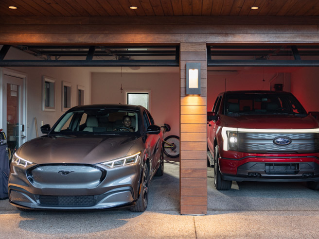 Split screen shot of a Mustang Mach-E® and an F-150 Lightning®