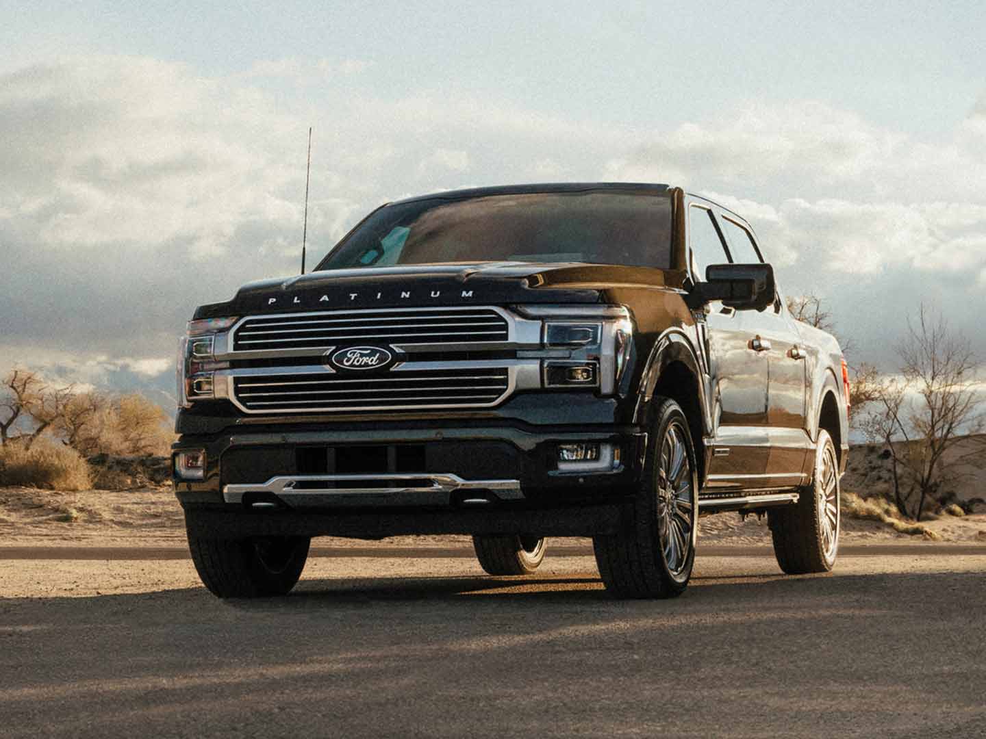 A Ford F-150® Platinum® truck seen in a desert environment