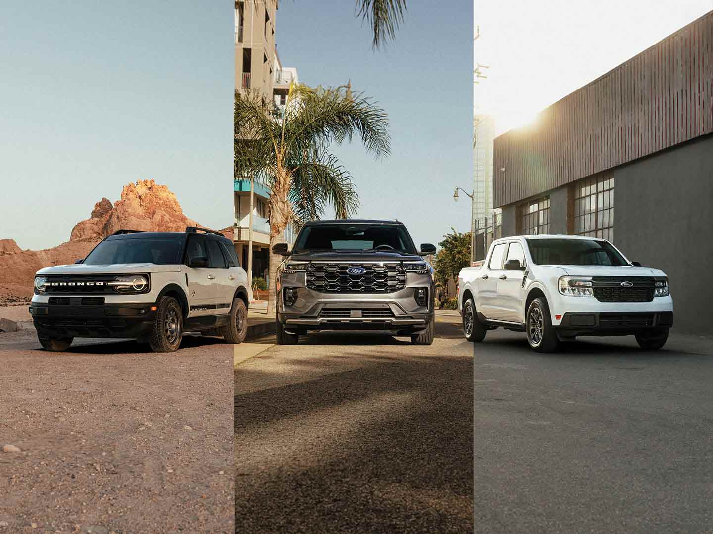 A pack shot of Ford vehicles including Bronco® Sport, Explorer® and Maverick®