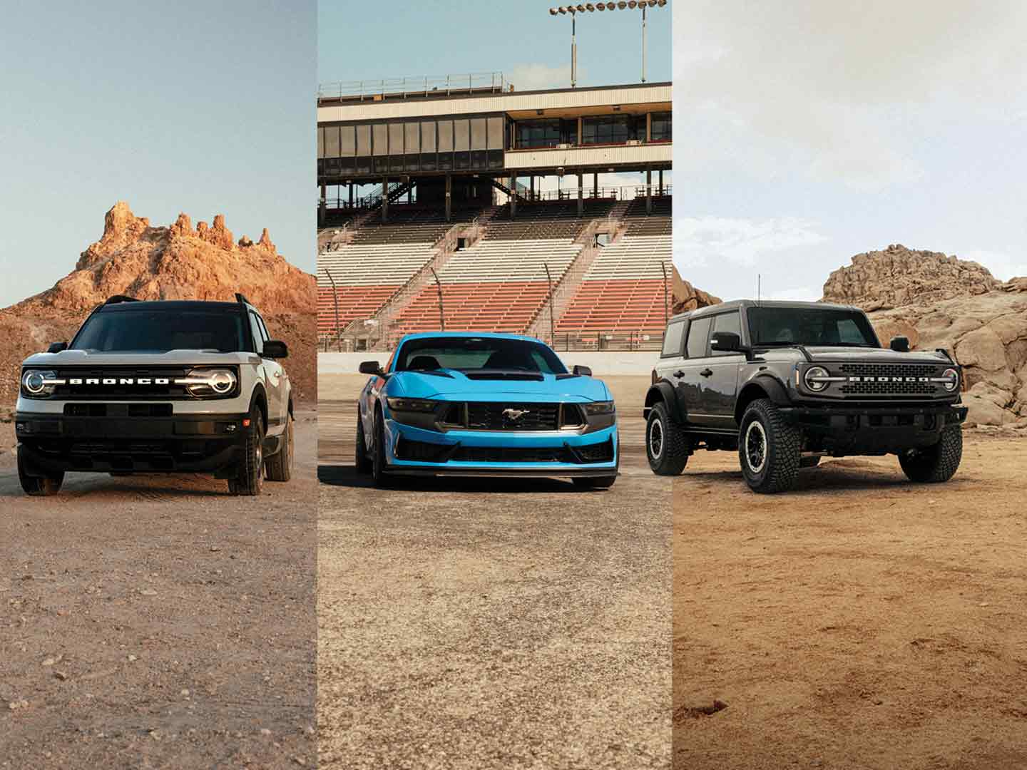 A split screen shot of a Ford Bronco®, Mustang®, and Bronco® Sport