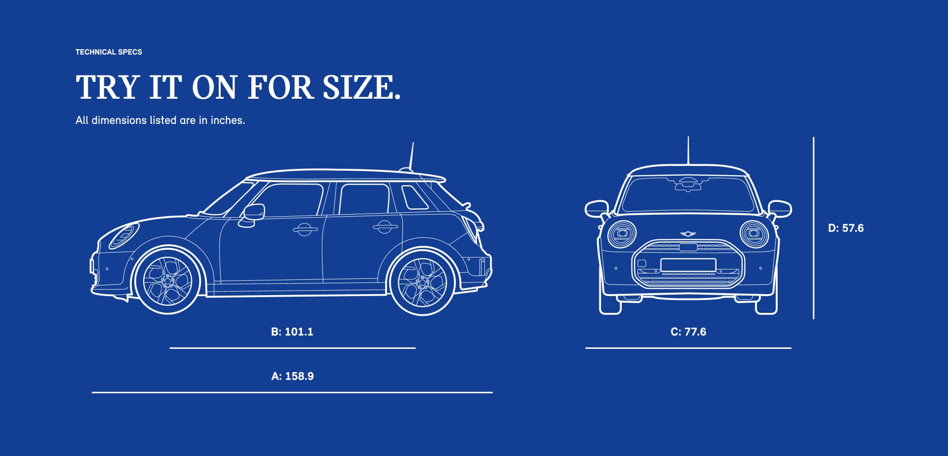 Side view and front view sketch of a MINI Cooper 4 Door with dimensions.