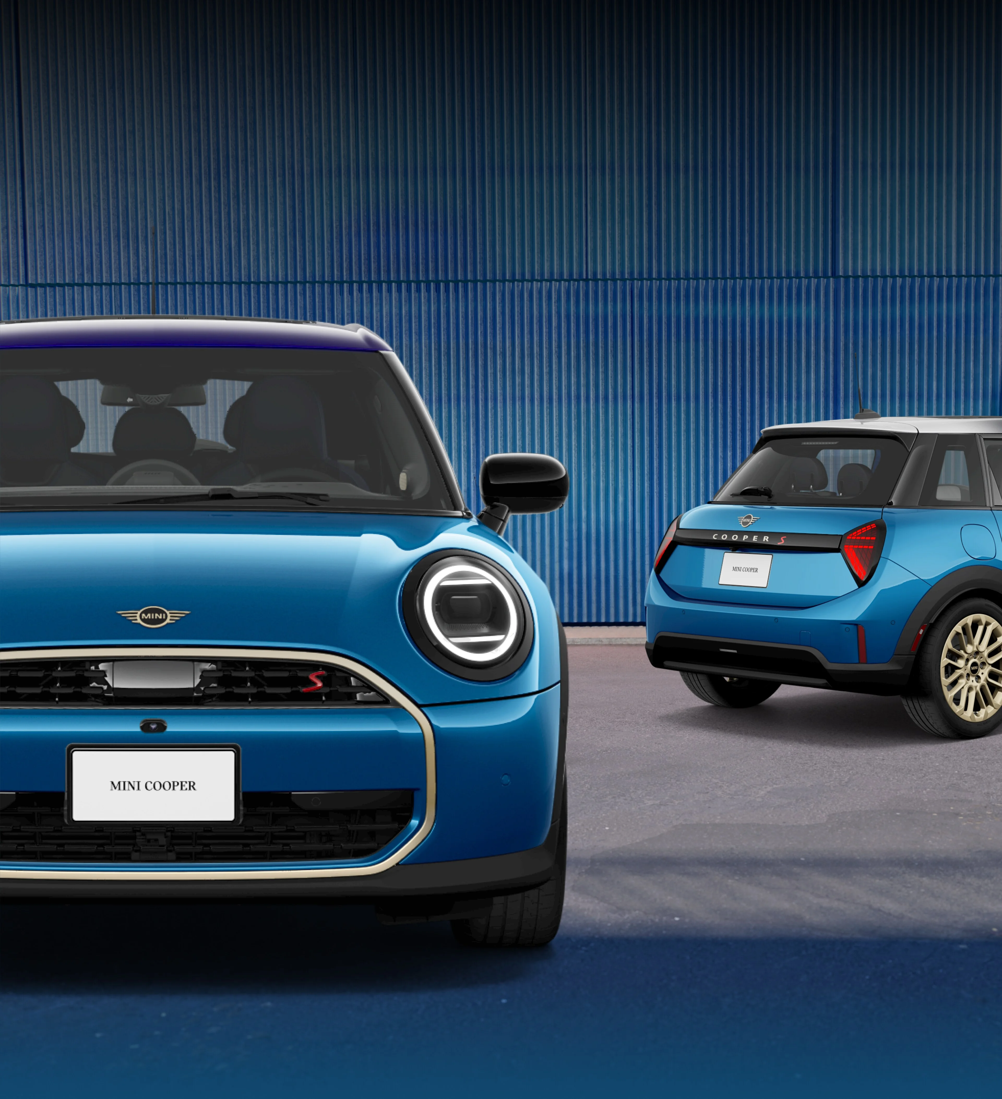 Two angles of the MINI Cooper S 4 Door against an industrial blue wall.