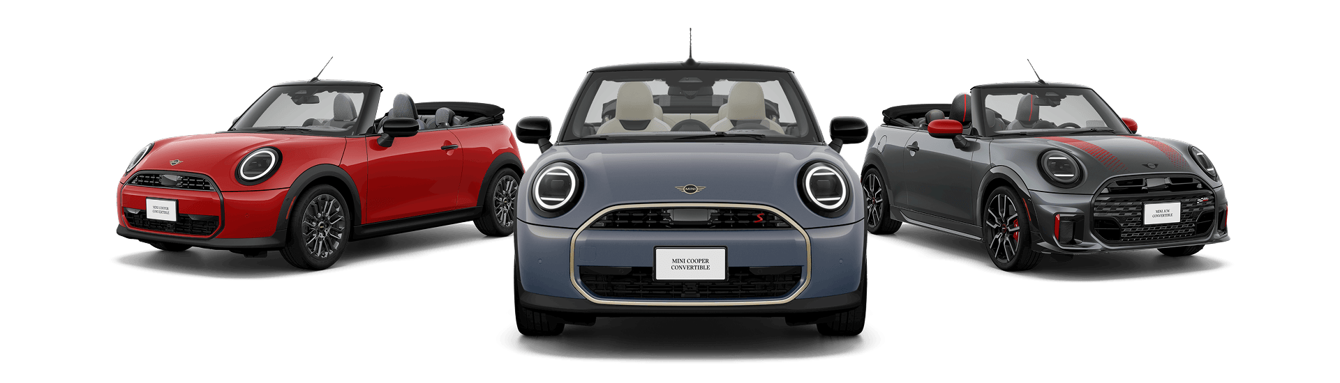 Angled exterior views of the MINI Cooper Convertible, MINI Cooper S Convertible, and John Cooper Works
        Convertible.