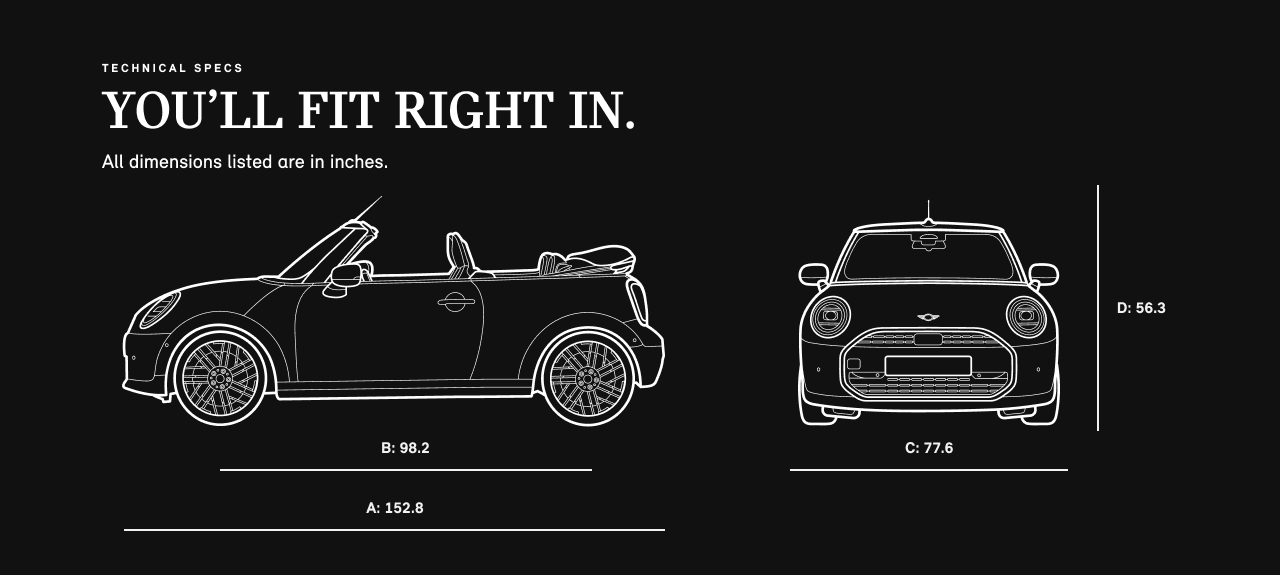 Side view and front view sketch of a MINI Cooper Convertible with dimensions.