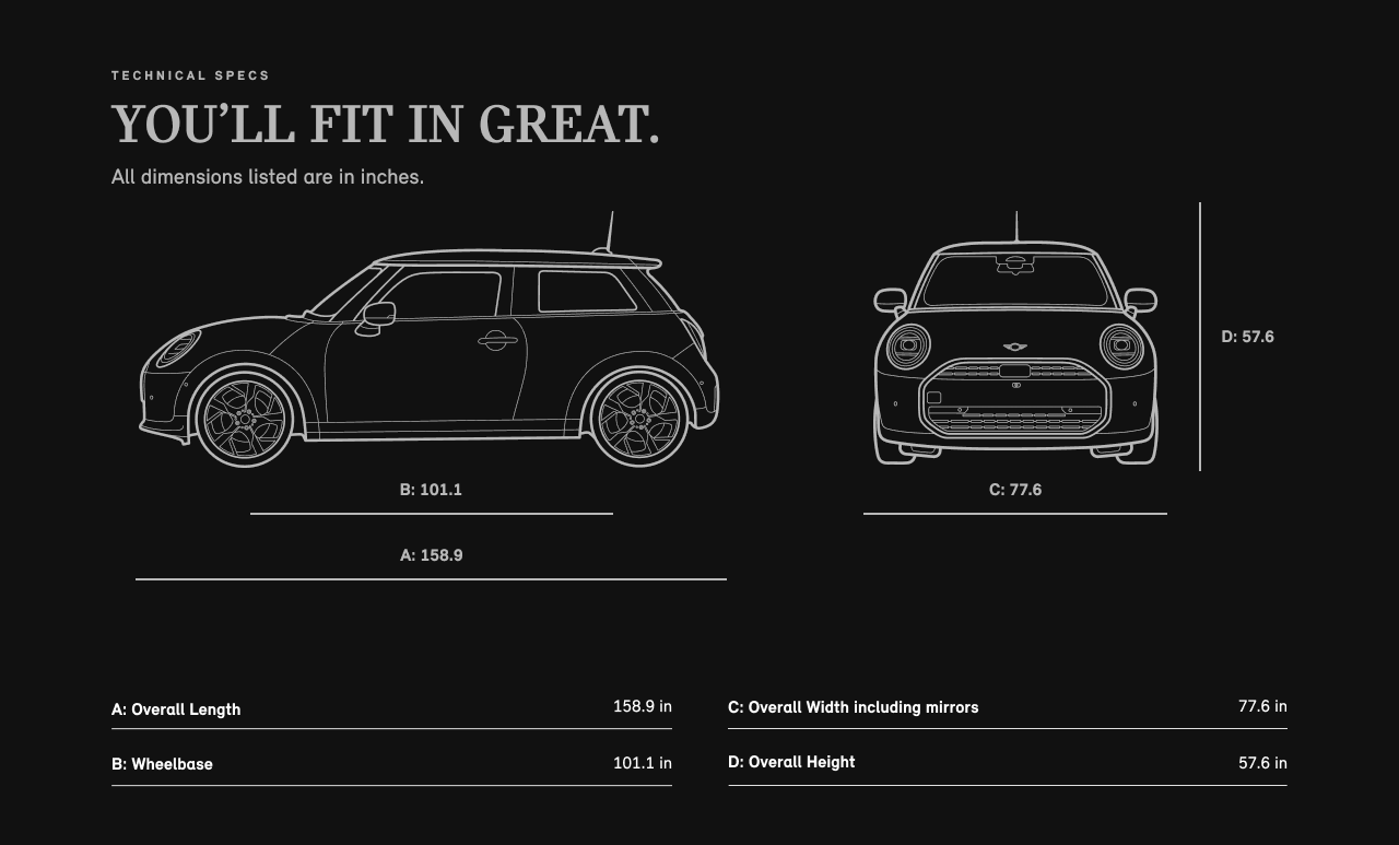 Side view and front view sketch of a MINI Cooper 2 Door with dimensions.