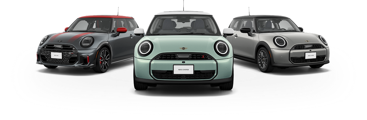 Angled exterior views of the MINI JCW 2 Door, MINI Cooper 2 Door, and MINI Cooper S 2 Door.