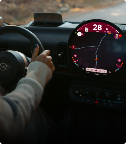 The dashboard and steering wheel of the
MINI Cooper 2 Door.