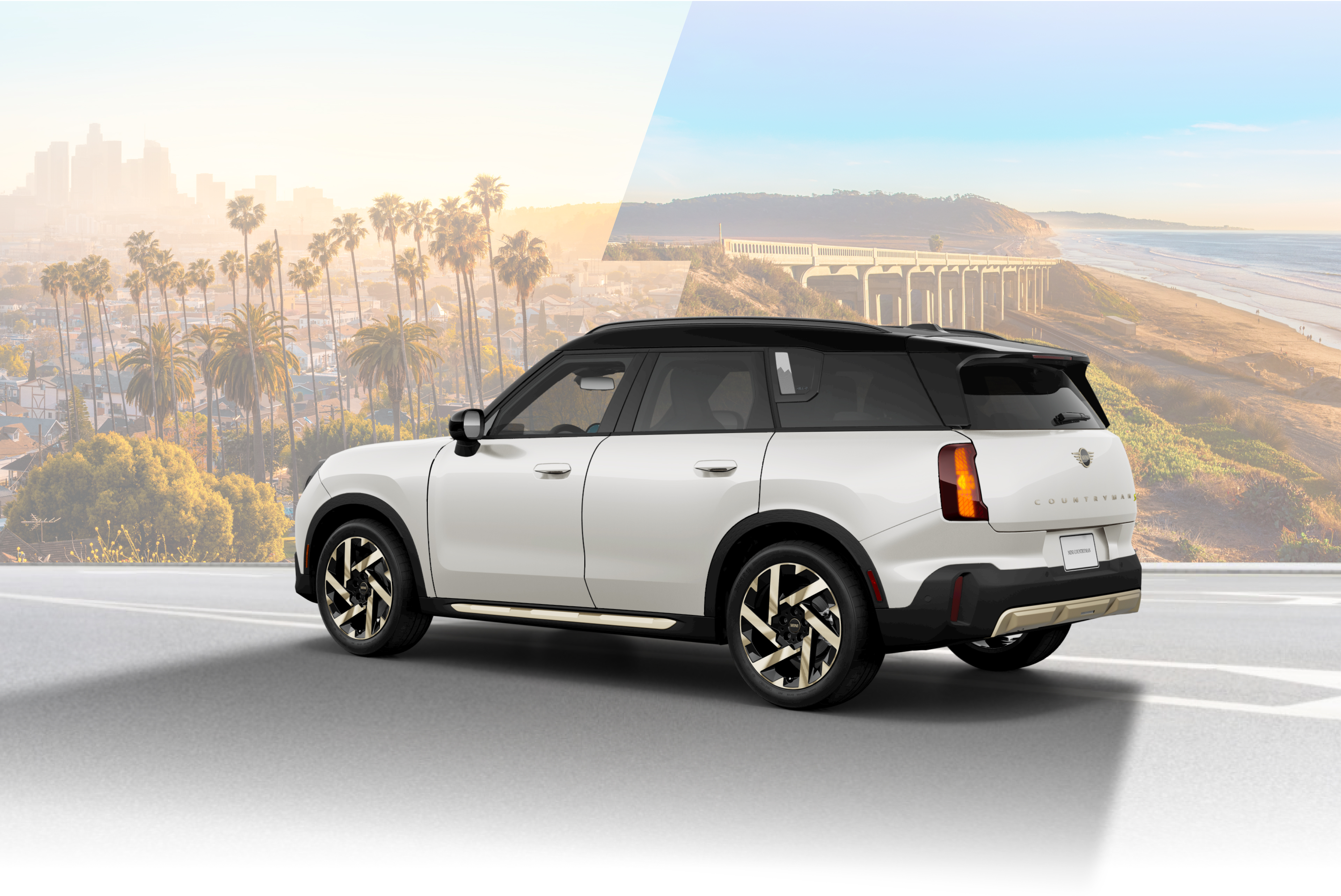 The MINI Countryman SE ALL4 with images of Los Angeles and San Diego behind it.
