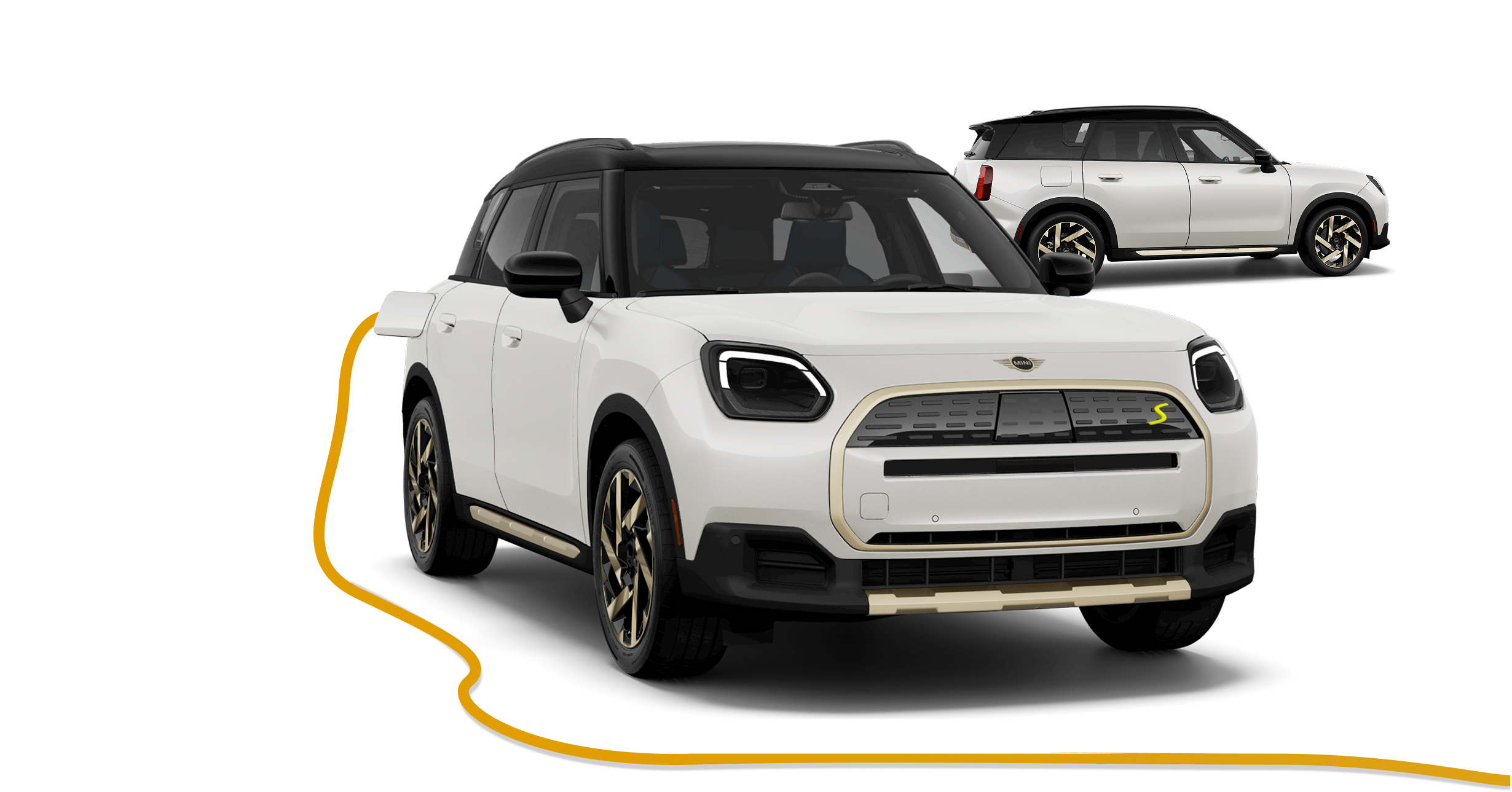 Angled exterior view of the MINI Countryman SE ALL4 charging in front of smaller side view of MINI Countryman SE
ALL4.