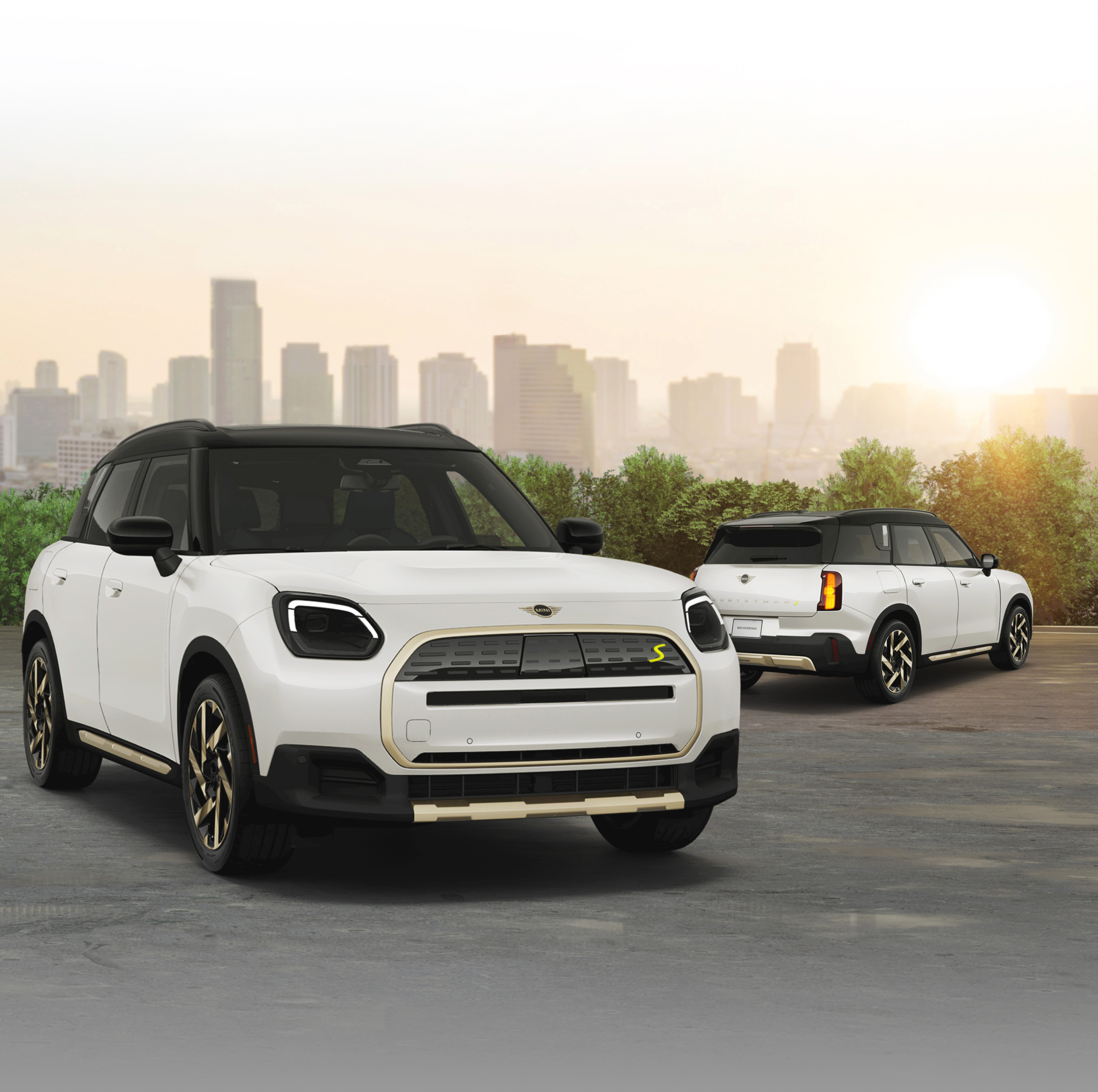 Two angles of the MINI Countryman SE ALL4 against a city skyline backdrop.
