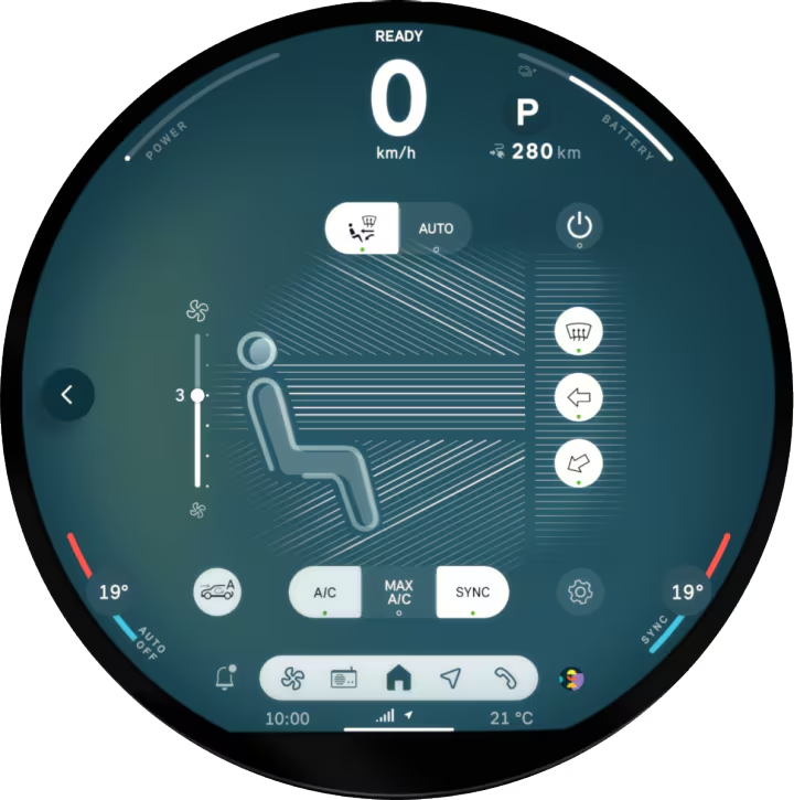A close-up of the 9.4” circular OLED display screen.