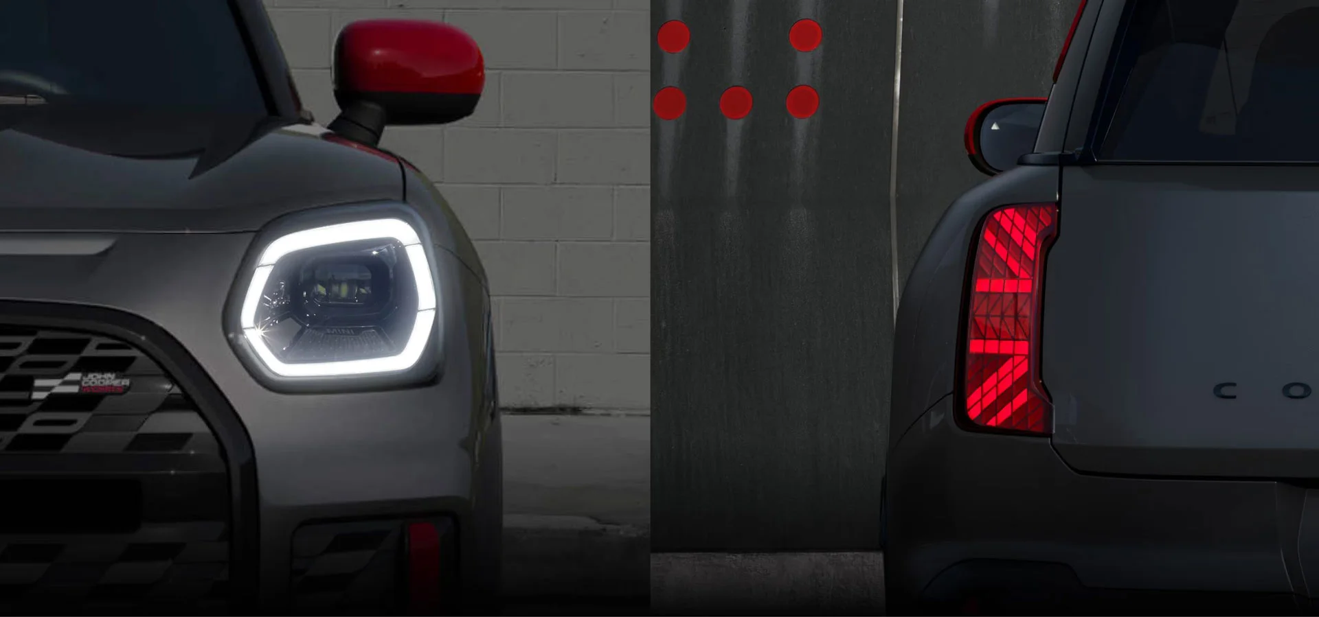 Close-up views of the MINI JCW Countryman ALL4 headlights and taillights.