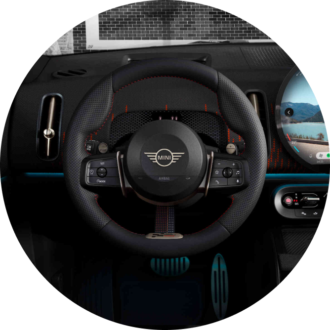 A close-up of the steering wheel on the MINI JCW Countryman ALL4.