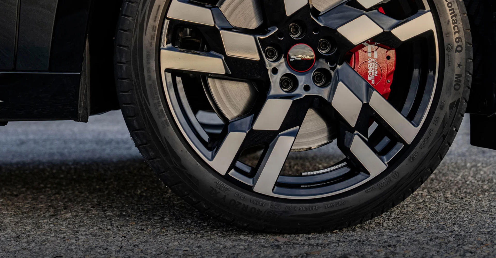 A close-up of a wheel on the MINI JCW Countryman ALL4.