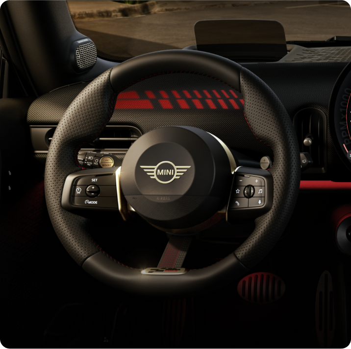 Close-up of the steering wheel.