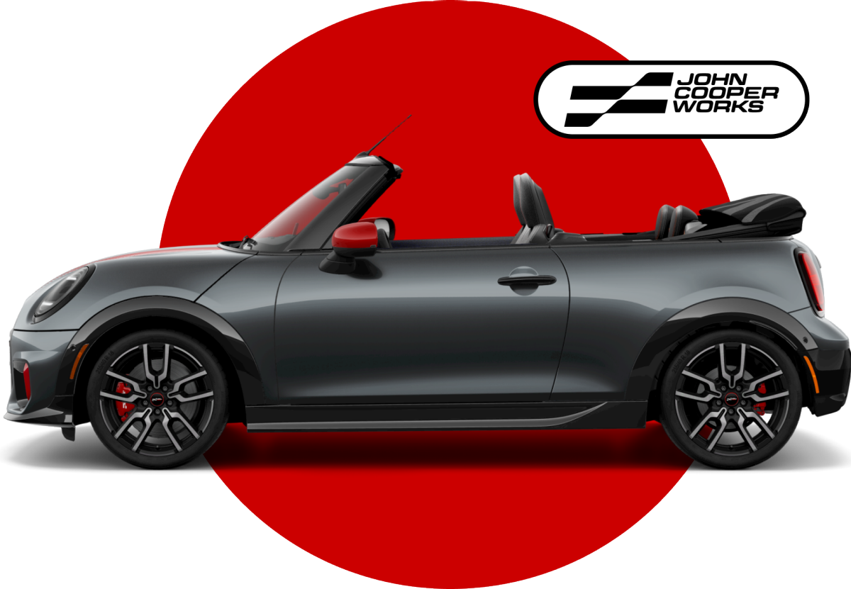 Side view of MINI John Cooper Works Convertible in front of red circle against a black background with John Cooper Works logo on top.