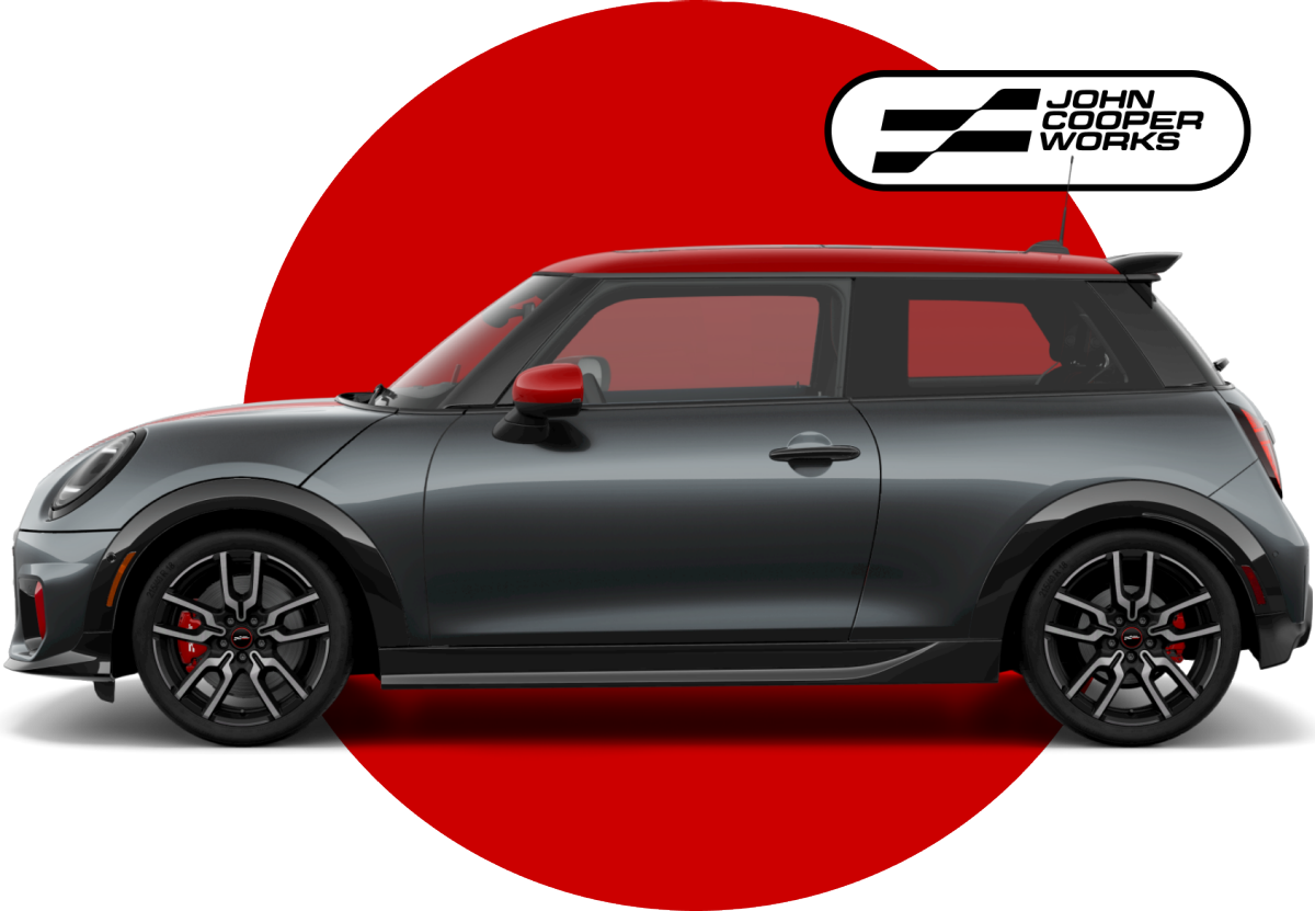 Side view of MINI John Cooper Works 2 Door in front of red circle against a black background with John Cooper Works logo on top.