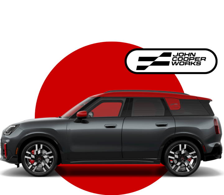 Side view of MINI John Cooper Works Countryman ALL4 in front of red circle against a black background with John Cooper Works logo on top.