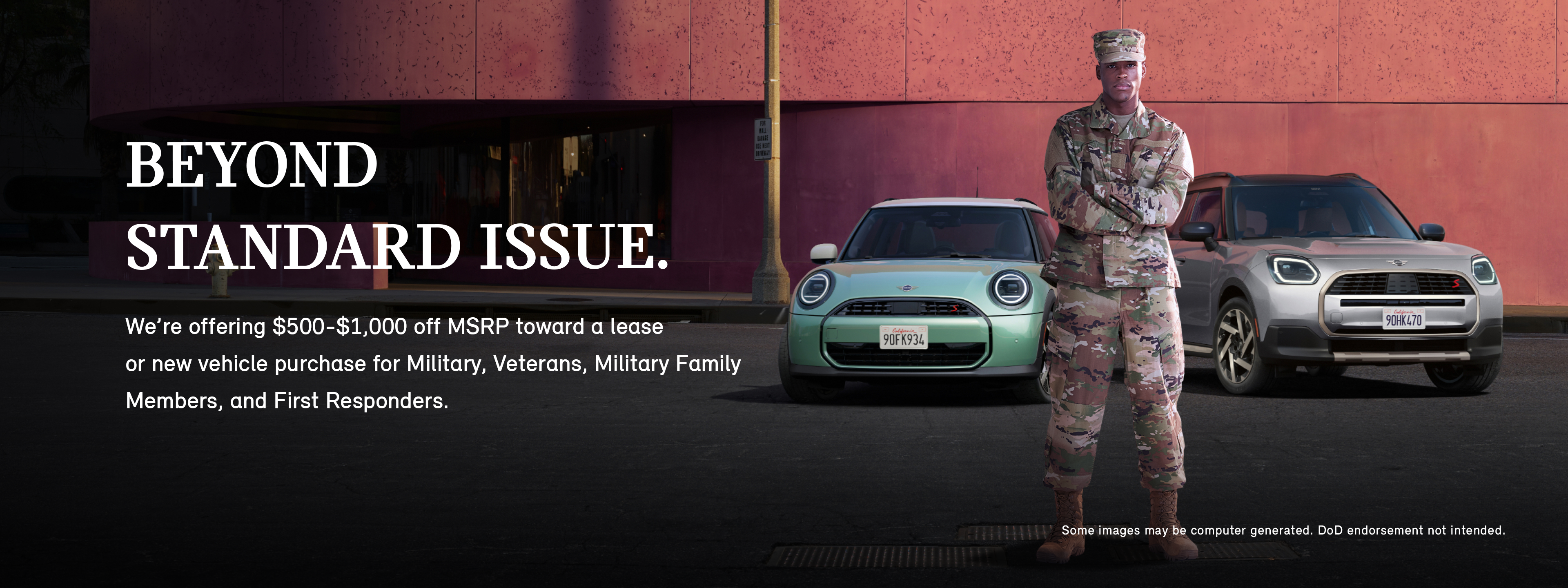 A man in a military uniform standing in front of a 2025 MINI Cooper S 2 Door and MINI Countryman S ALL4
with his arms crossed.