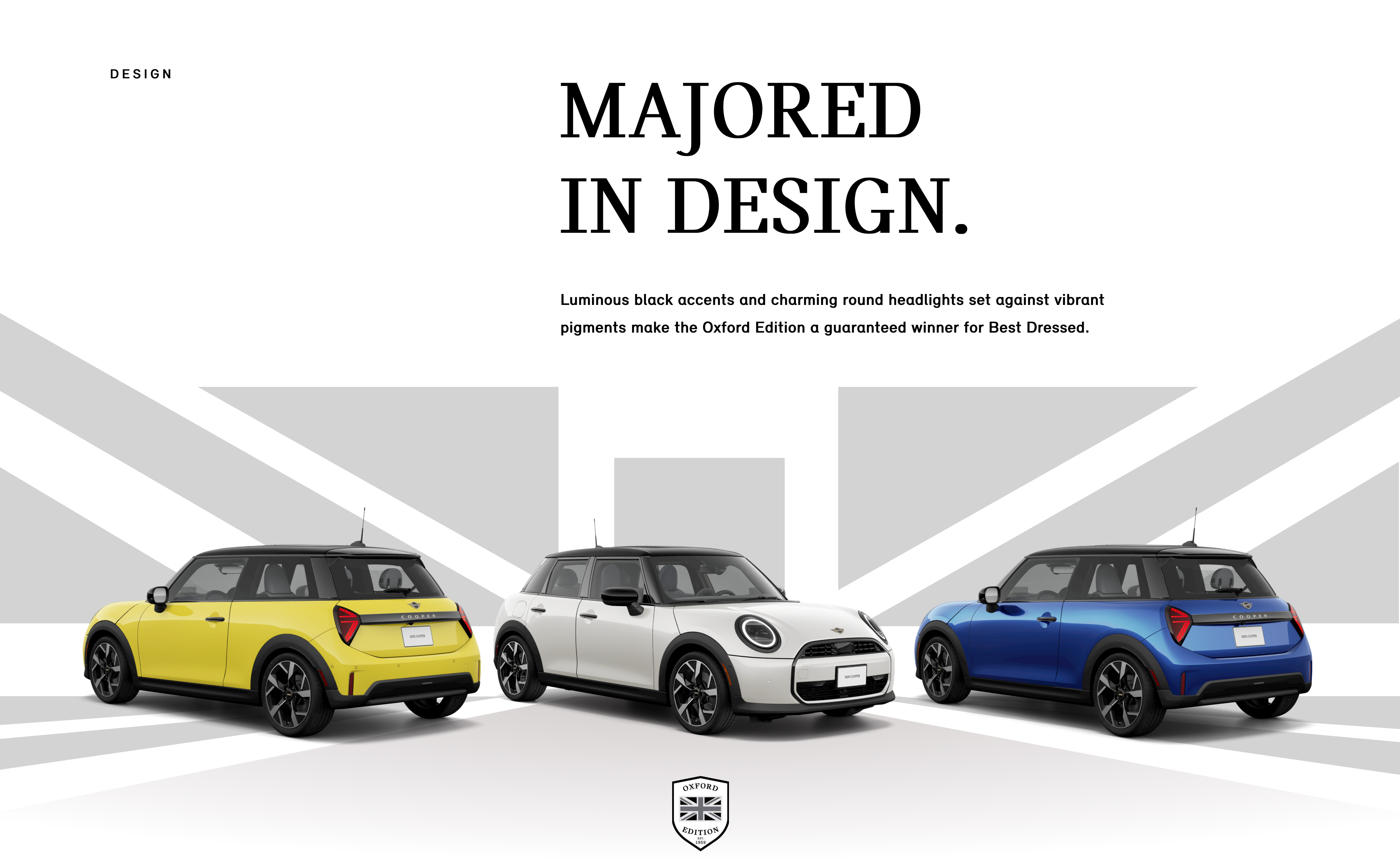 Three Oxford Edition MINI Coopers in different colors in front of a Union Jack background.