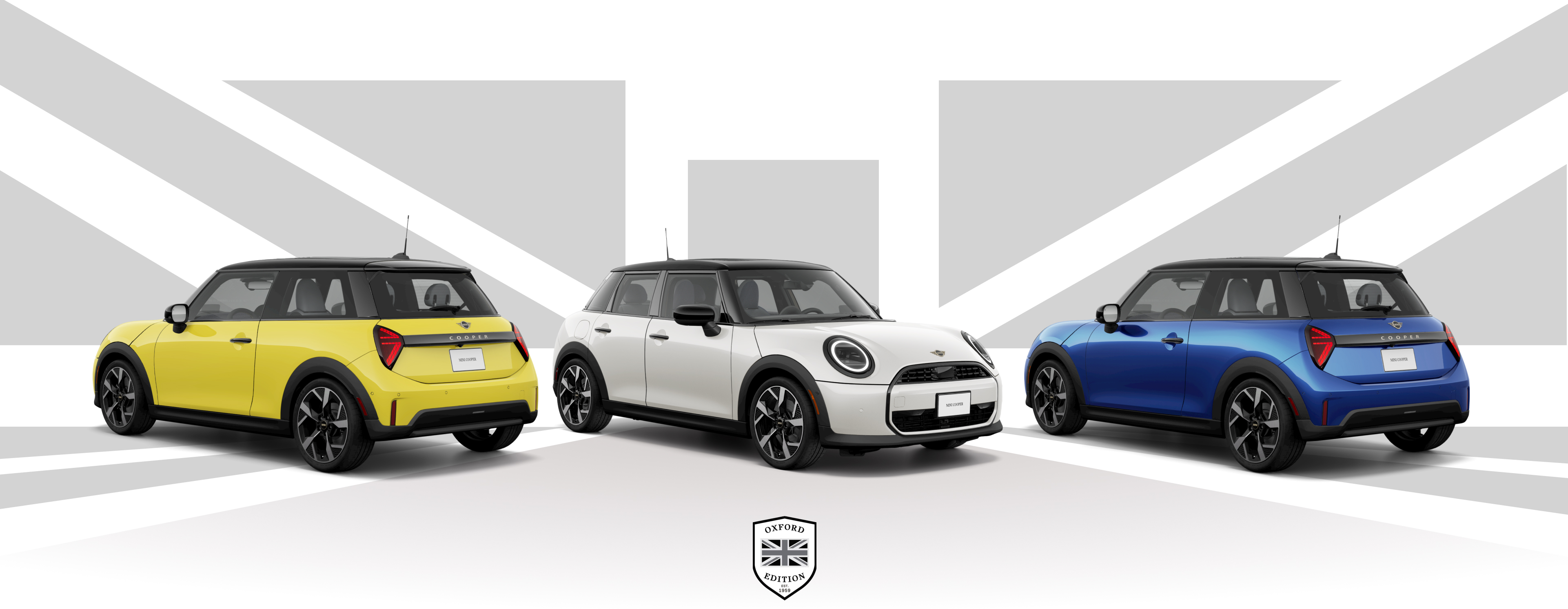  Three Oxford Edition MINI Coopers in different colors in front of a Union Jack background.