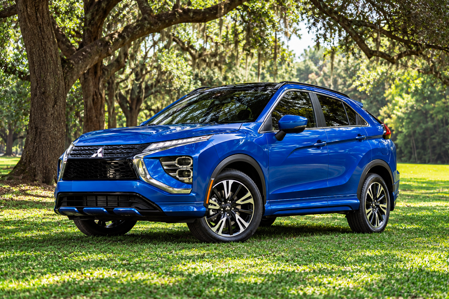 Blue Eclipse Cross parked in a field