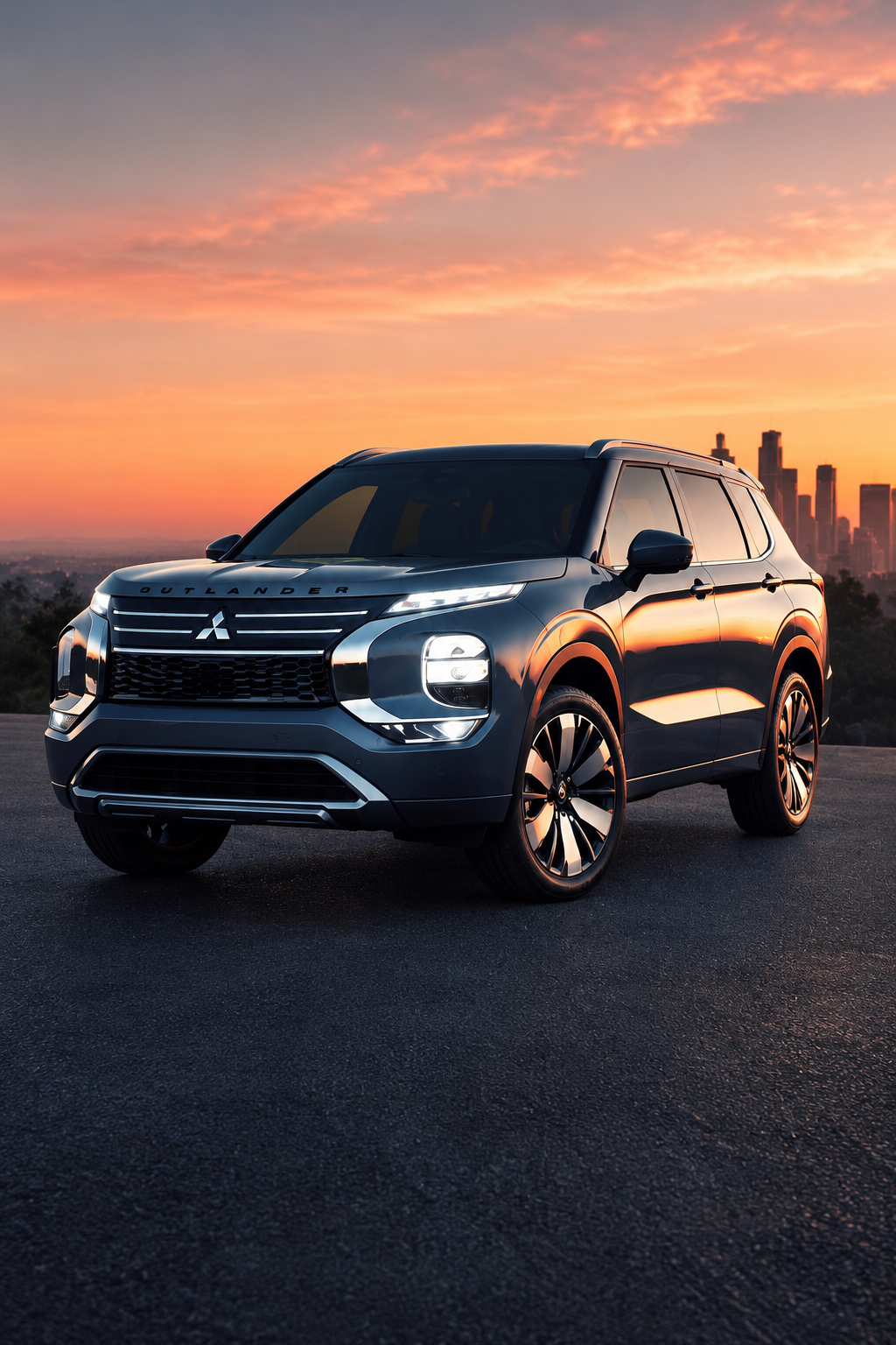 Sunset image of the 2026 Outlander on a cliff with a city background