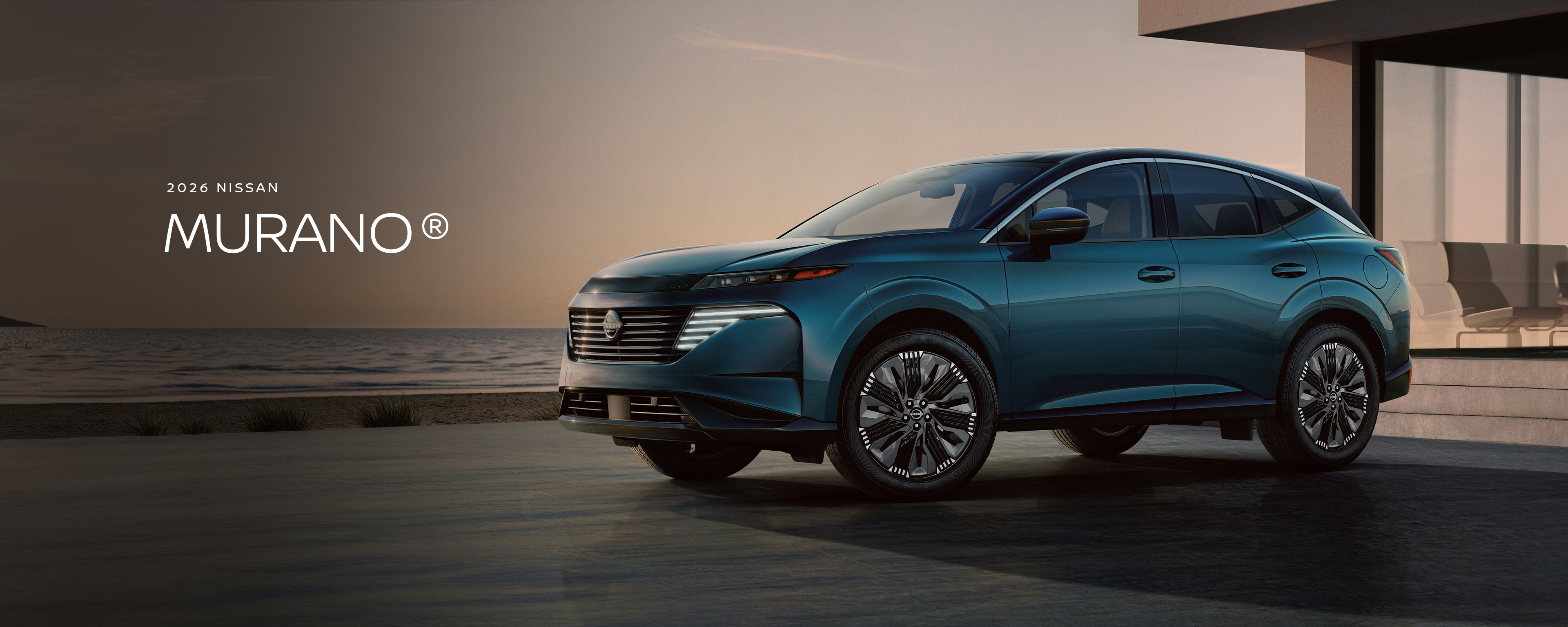 2026 Nissan Murano in blue parked on a rooftop with modern building the background