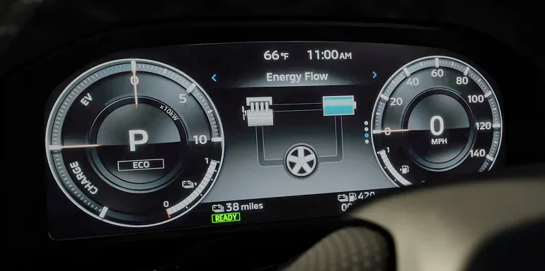 2026 Nissan Rogue Plug-in Hybrid interior view of the digital dashboard showing energy flow from the driver's seat.